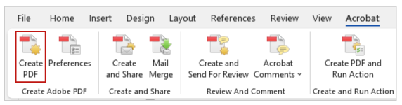 Screenshot of the Create PDF tool highlighted on the Acrobat tab.