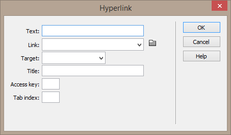 Screenshot of the Hyperlink dialog. Options include: Text, Link, Title, Access key, Tab index.