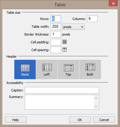 Screenshot of the table dialog. There are options to change the table size, select the header structure, add a caption, and add a summary