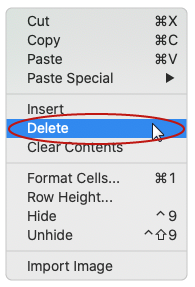 Screenshot of the row label right-click menu with the 'Delete' option highlighted.