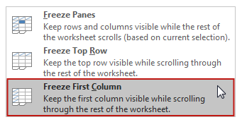 Screenshot of 'Freeze First Column' option highlighted.
