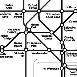 blackand white version of a color-coded map of underground routes