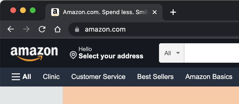 Screenshot of the browser tab presenting the page title: Amazon.com. Spend less. Smile more.