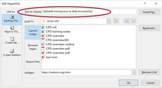 Screenshot of the Edit Hyperlink dialog with the Text to display field highlighted