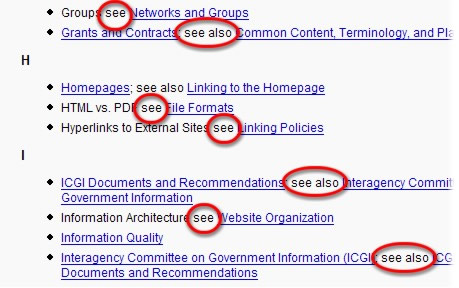 Screenshot of alphabetical index showing numerous cross-referenced links saying 'see' or 'see also'