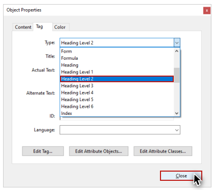 Screenshot of the dropdown list to change a tag.