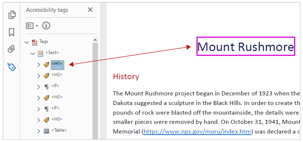 When the H1 tag is selected in the tags tree, the main heading of Mount Rushmore is highlighted.