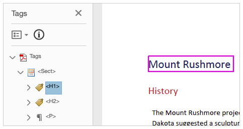 When the H1 tag has focus in the tags tree, the main heading of Mount Rushmore is highlighted
